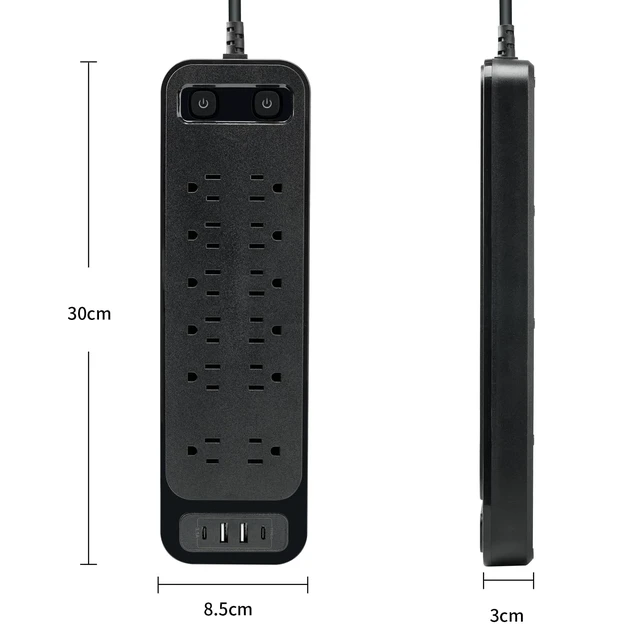Alt view image 3 of 5 - Surge Protector Power Strip, 12 AC Outlets & 4 USB Ports (2 USB-C), 6ft Heavy Duty Extension Cord, 900J Protection, Mountable, for Home Office Workshop - Black
