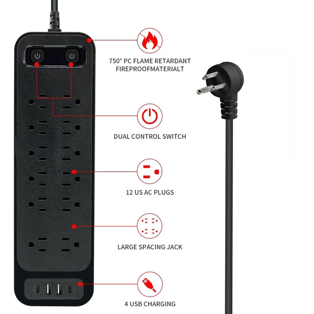 Alt view image 2 of 5 - Surge Protector Power Strip, 12 AC Outlets & 4 USB Ports (2 USB-C), 6ft Heavy Duty Extension Cord, 900J Protection, Mountable, for Home Office Workshop - Black