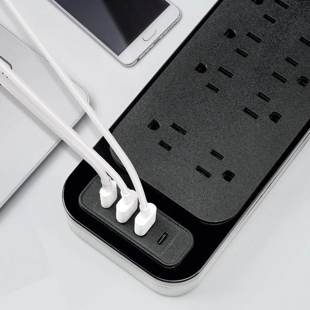 Alt view image 5 of 5 - Surge Protector Power Strip, 12 AC Outlets & 4 USB Ports (2 USB-C), 6ft Heavy Duty Extension Cord, 900J Protection, Mountable, for Home Office Workshop - Black