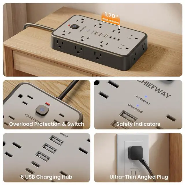 Alt view image 7 of 7 - Surge Protector Power Strip - 6Ft Flat Plug Extension Cord with 16 Widely Spaced Outlets & 6 USB Ports(3 USB C), 1875W/15A, 2400J, Desk USB Power Strip for Home Office Gaming Dorm Room Essentials