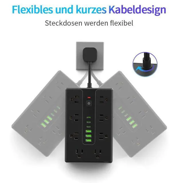 Alt view image 5 of 5 - Power Board Surge Protector with 16 sockets, Equipped with 3 USB A and 3 USB C Ports, Suitable for Various Devices, Including Home, Office, and Dormitory (black6.5FT)