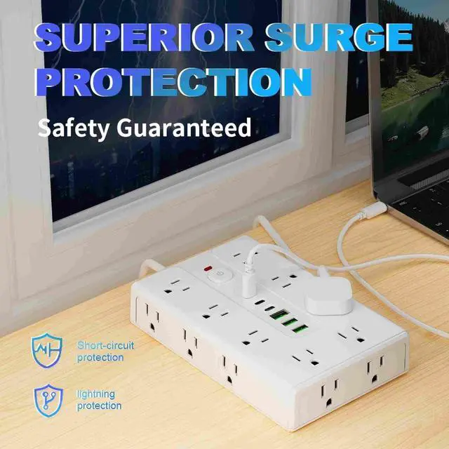 Alt view image 3 of 5 - Power Board Surge Protector with 16 sockets, Equipped with 3 USB A and 3 USB C Ports, Suitable for Various Devices, Including Home, Office, and Dormitory (black6.5FT)
