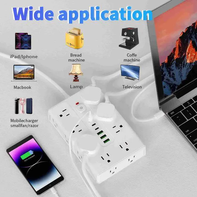 Alt view image 4 of 5 - Power Board Surge Protector with 16 sockets, Equipped with 3 USB A and 3 USB C Ports, Suitable for Various Devices, Including Home, Office, and Dormitory (black6.5FT)