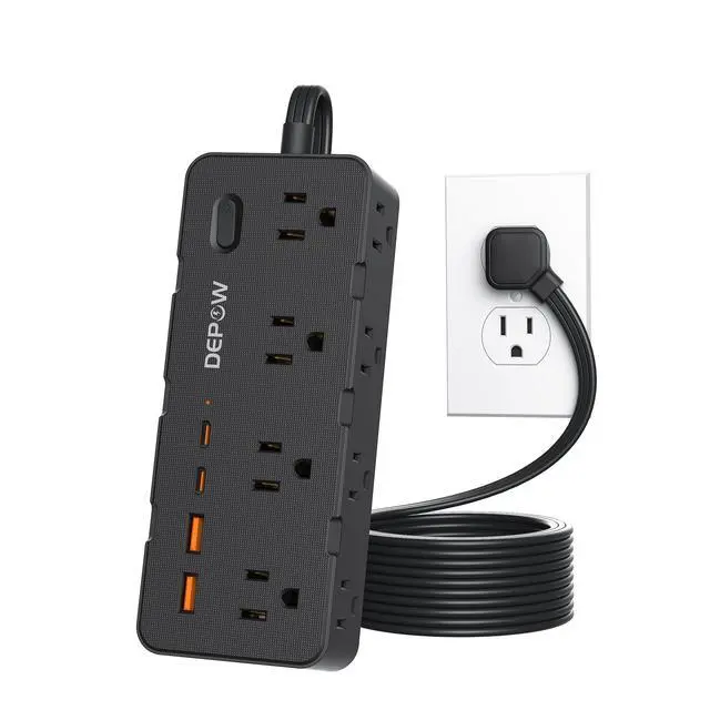 Main image of Power Strips with Surge Protection, 5FT Extension Cord with Multiple Outlets-8 AC Outlets 4 USB Ports (2 USB C), Flag Plug, 1700 Joule Surge Protector for Home Office, Black