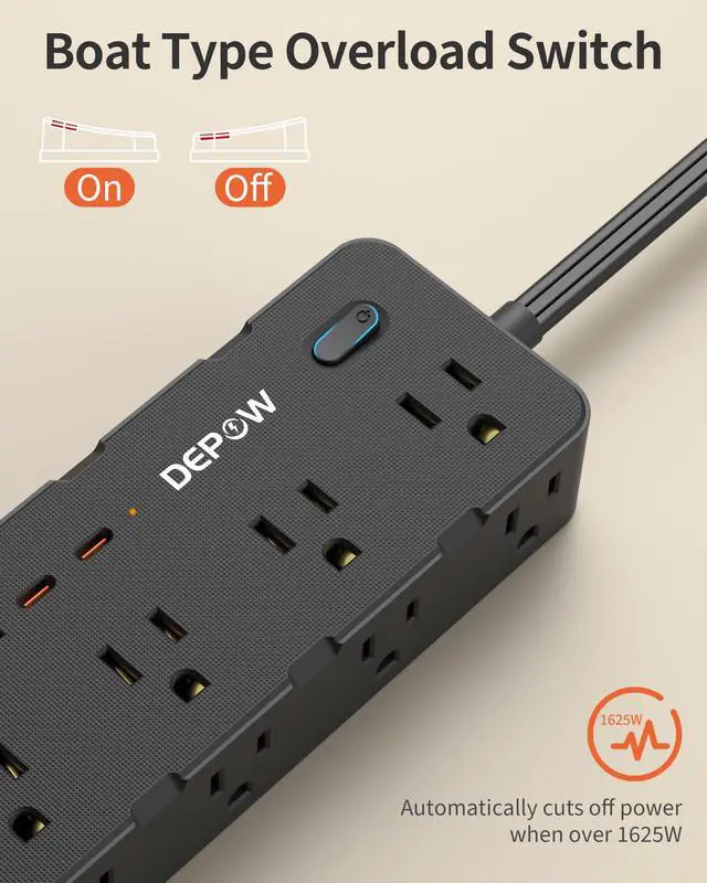 Alt view image 4 of 7 - Power Strips with Surge Protection, 5FT Extension Cord with Multiple Outlets-8 AC Outlets 4 USB Ports (2 USB C), Flag Plug, 1700 Joule Surge Protector for Home Office, Black