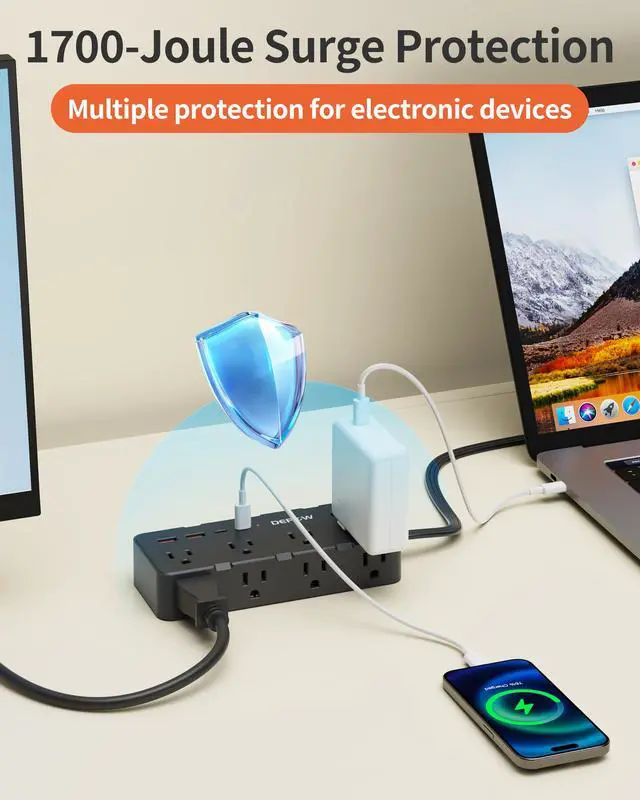 Alt view image 3 of 7 - Power Strips with Surge Protection, 5FT Extension Cord with Multiple Outlets-8 AC Outlets 4 USB Ports (2 USB C), Flag Plug, 1700 Joule Surge Protector for Home Office, Black
