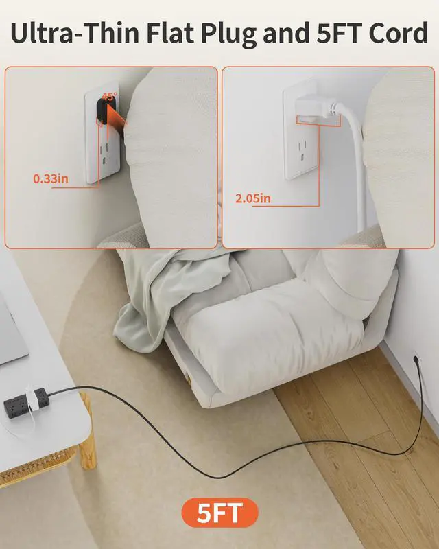 Alt view image 5 of 7 - Power Strips with Surge Protection, 5FT Extension Cord with Multiple Outlets-8 AC Outlets 4 USB Ports (2 USB C), Flag Plug, 1700 Joule Surge Protector for Home Office, Black