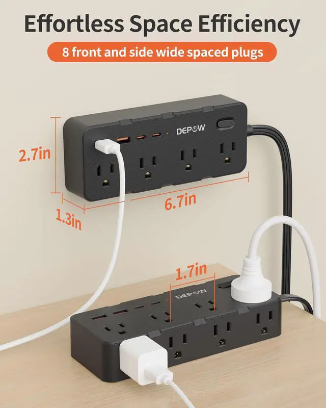 Alt view image 7 of 7 - Power Strips with Surge Protection, 5FT Extension Cord with Multiple Outlets-8 AC Outlets 4 USB Ports (2 USB C), Flag Plug, 1700 Joule Surge Protector for Home Office, Black