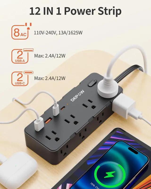 Alt view image 2 of 7 - Power Strips with Surge Protection, 5FT Extension Cord with Multiple Outlets-8 AC Outlets 4 USB Ports (2 USB C), Flag Plug, 1700 Joule Surge Protector for Home Office, Black