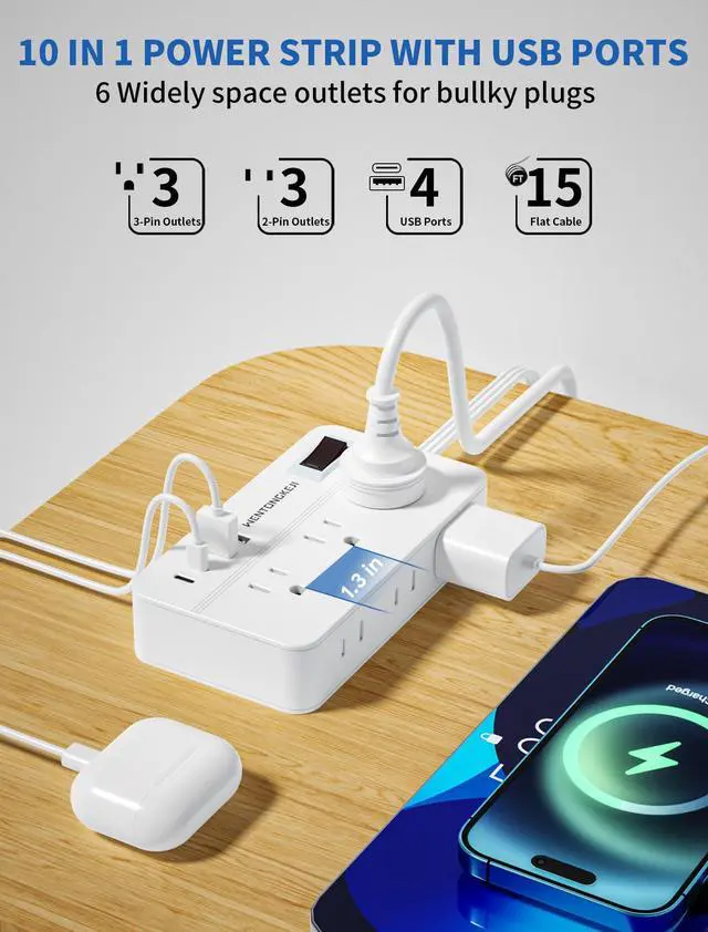 Alt view image 2 of 6 - Surge Protector Power Strip - 5Ft Braided Extension Cord Flat Plug with 6 Outlets and 2 USB-A 2 USB-C Ports, 1080 Joules Wall Mounted Charging Station for Office Home ETL (15FT)