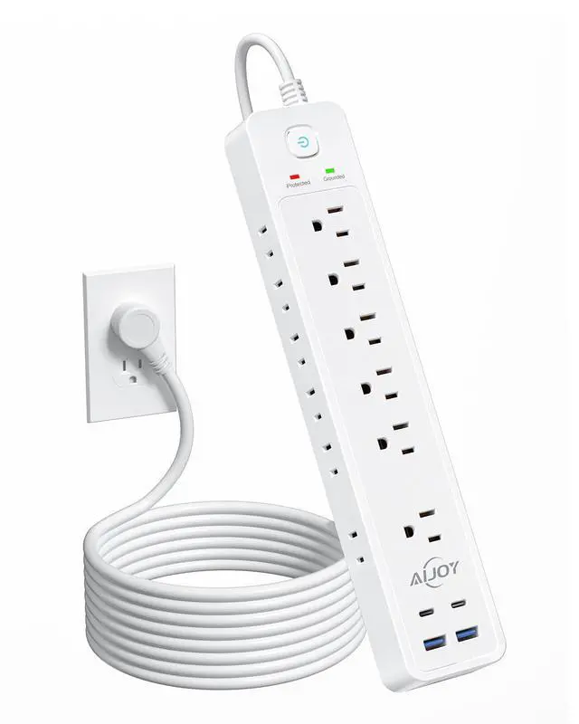Main image of Surge Protector Power Strip(1500J), 5Ft Extension Cord with 12 Outlets and 4 USB Ports for iPhone 15/15 Plus/15 Pro/15 Pro Max, Wall Mount Flag Plug for Home, Office, White