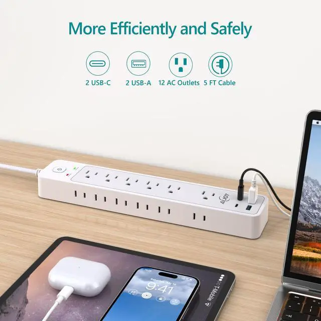 Alt view image 2 of 7 - Surge Protector Power Strip(1500J), 5Ft Extension Cord with 12 Outlets and 4 USB Ports for iPhone 15/15 Plus/15 Pro/15 Pro Max, Wall Mount Flag Plug for Home, Office, White
