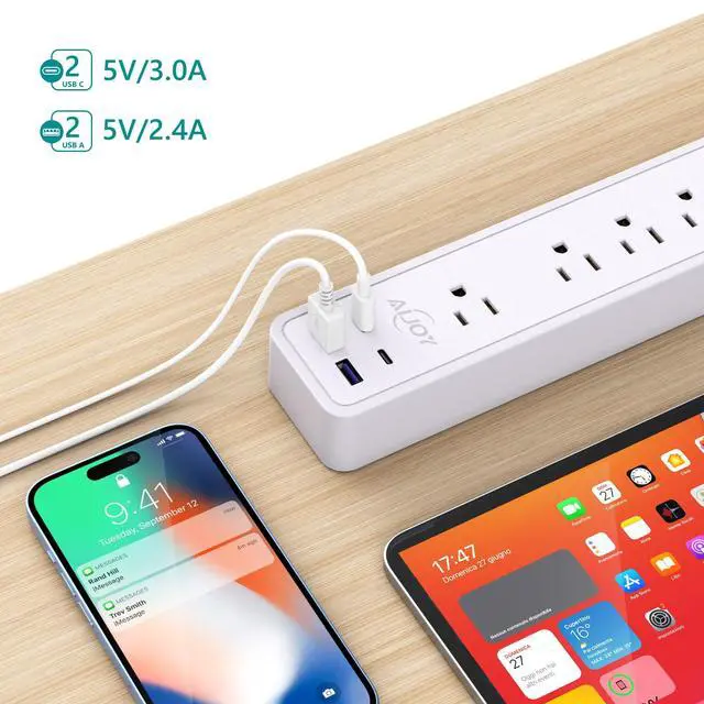 Alt view image 3 of 7 - Surge Protector Power Strip(1500J), 5Ft Extension Cord with 12 Outlets and 4 USB Ports for iPhone 15/15 Plus/15 Pro/15 Pro Max, Wall Mount Flag Plug for Home, Office, White