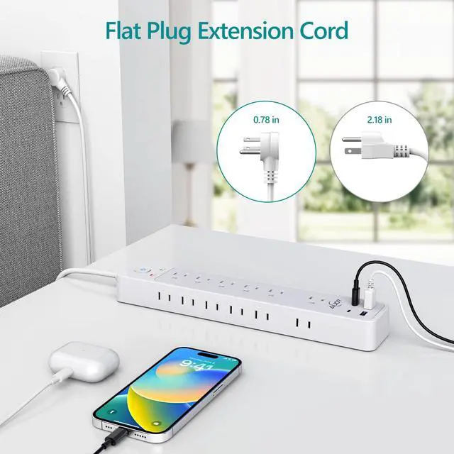 Alt view image 4 of 7 - Surge Protector Power Strip(1500J), 5Ft Extension Cord with 12 Outlets and 4 USB Ports for iPhone 15/15 Plus/15 Pro/15 Pro Max, Wall Mount Flag Plug for Home, Office, White