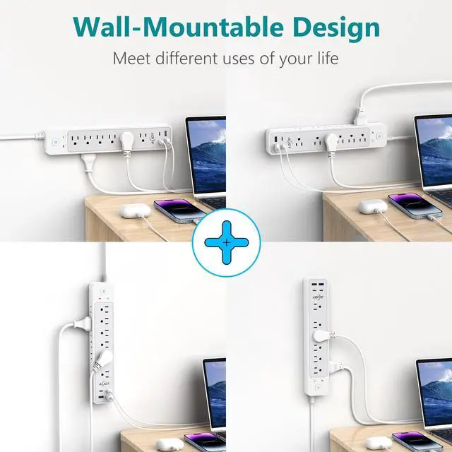 Alt view image 6 of 7 - Surge Protector Power Strip(1500J), 5Ft Extension Cord with 12 Outlets and 4 USB Ports for iPhone 15/15 Plus/15 Pro/15 Pro Max, Wall Mount Flag Plug for Home, Office, White