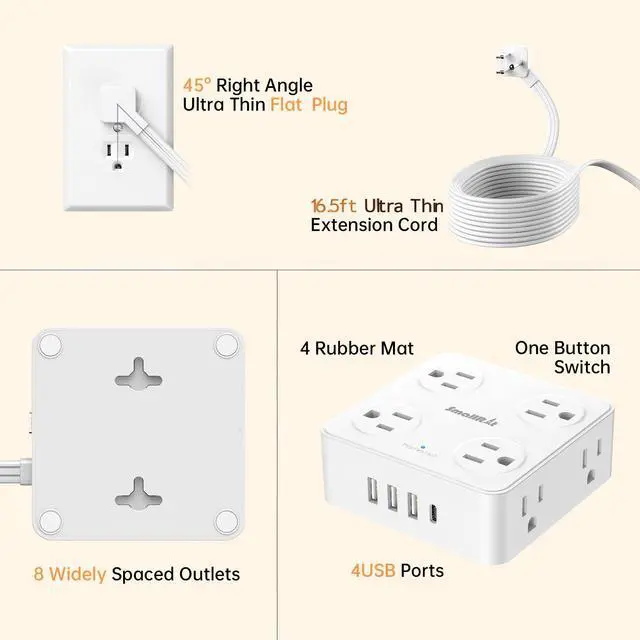Alt view image 7 of 7 - Flat Plug Power Strip with USB C, 6.5FT Flat Extension Cord - 8 AC Outlets and 4 USB(1 USB C), Power Strip with Surge Protector, Wall Mount Charging Station Office Home (White, 15 FT)