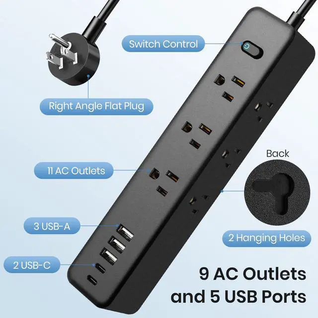 Alt view image 5 of 7 - 5Ft Power Strip Surge Protector, Desk Charging Station, 1250W/10A Spaced Outlets, 9 AC Outlets and 5 USB Ports (2 USB C), Flat Plug Extension Cord with Overload Protection for Home, Office, Dorm