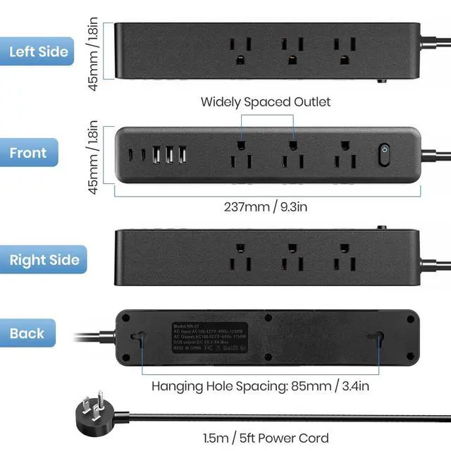 Alt view image 6 of 7 - 5Ft Power Strip Surge Protector, Desk Charging Station, 1250W/10A Spaced Outlets, 9 AC Outlets and 5 USB Ports (2 USB C), Flat Plug Extension Cord with Overload Protection for Home, Office, Dorm