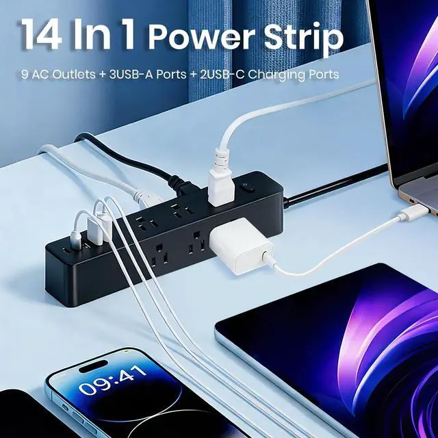 Alt view image 2 of 7 - 5Ft Power Strip Surge Protector, Desk Charging Station, 1250W/10A Spaced Outlets, 9 AC Outlets and 5 USB Ports (2 USB C), Flat Plug Extension Cord with Overload Protection for Home, Office, Dorm