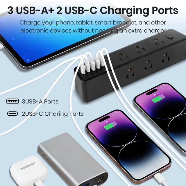 Alt view image 3 of 7 - 5Ft Power Strip Surge Protector, Desk Charging Station, 1250W/10A Spaced Outlets, 9 AC Outlets and 5 USB Ports (2 USB C), Flat Plug Extension Cord with Overload Protection for Home, Office, Dorm