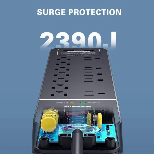 Alt view image 2 of 7 - Surge Protector Power Strip, 12 Outlets with 2 USB Ports, 6 Feet Extension Cord, 2390 Joules, ETL Listed, Black