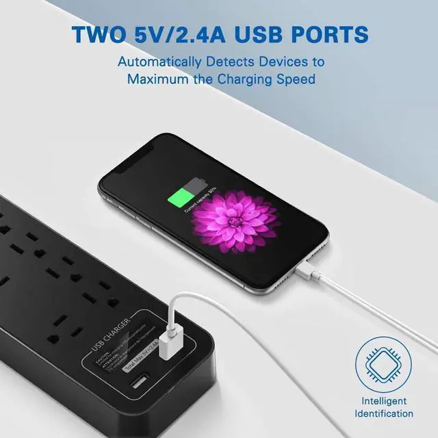 Alt view image 5 of 7 - Surge Protector Power Strip, 12 Outlets with 2 USB Ports, 6 Feet Extension Cord, 2390 Joules, ETL Listed, Black