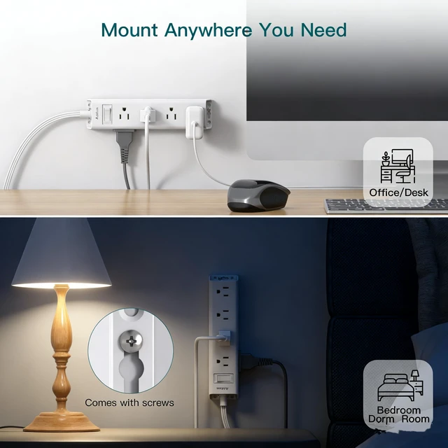 Alt view image 5 of 7 - Power Strip Surge Protector with 12 Outlets, Flat Plug Extension Cord 3FT Ultra Thin Wall Plug, 3-Side Wide Spaced Outlet Extender, Wall Mount Desk Charging Station for Home Office Dorm, White