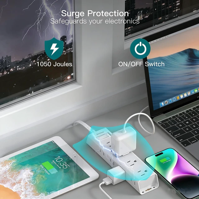 Alt view image 4 of 7 - Power Strip Surge Protector with 12 Outlets, Flat Plug Extension Cord 3FT Ultra Thin Wall Plug, 3-Side Wide Spaced Outlet Extender, Wall Mount Desk Charging Station for Home Office Dorm, White