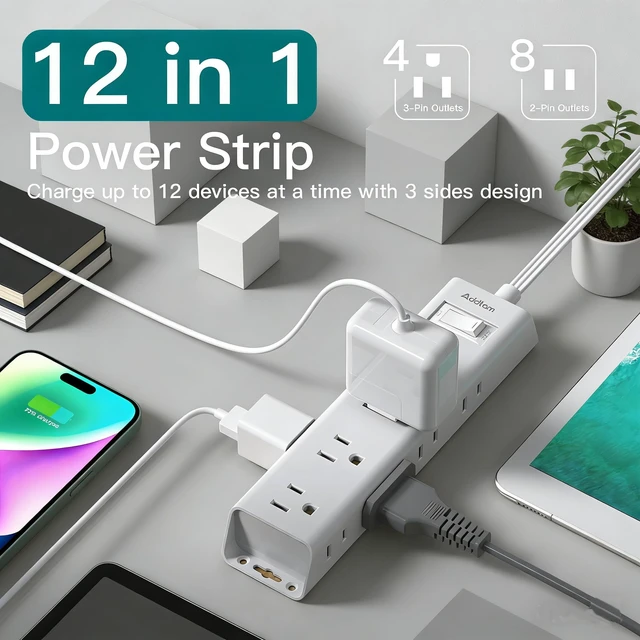Alt view image 3 of 7 - Power Strip Surge Protector with 12 Outlets, Flat Plug Extension Cord 3FT Ultra Thin Wall Plug, 3-Side Wide Spaced Outlet Extender, Wall Mount Desk Charging Station for Home Office Dorm, White