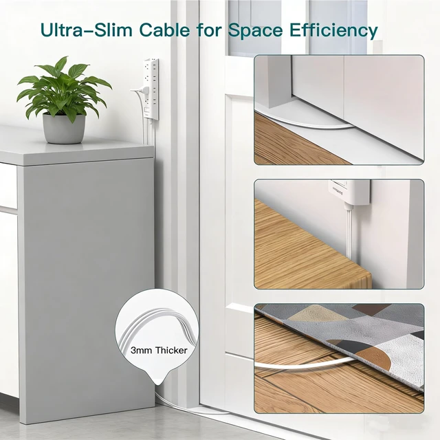 Alt view image 6 of 7 - Power Strip Surge Protector with 12 Outlets, Flat Plug Extension Cord 3FT Ultra Thin Wall Plug, 3-Side Wide Spaced Outlet Extender, Wall Mount Desk Charging Station for Home Office Dorm, White