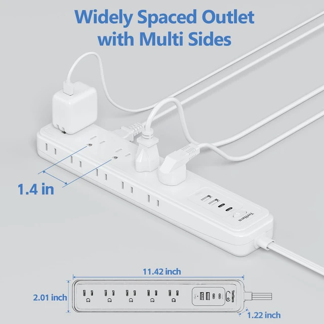 Alt view image 3 of 7 - Power Strip Surge Protector,15 Outlets 4 USB 2 USB-C,10Ft Flat Plug,White 15 AC Outlets,4 USB Ports 2 USB-C 2 USB-A,1080J Surge,Wall Mountable,10Ft Cord,16AWG,Overload Protection,3-Side Design