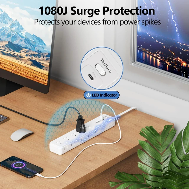 Alt view image 4 of 7 - Power Strip Surge Protector,15 Outlets 4 USB 2 USB-C,10Ft Flat Plug,White 15 AC Outlets,4 USB Ports 2 USB-C 2 USB-A,1080J Surge,Wall Mountable,10Ft Cord,16AWG,Overload Protection,3-Side Design