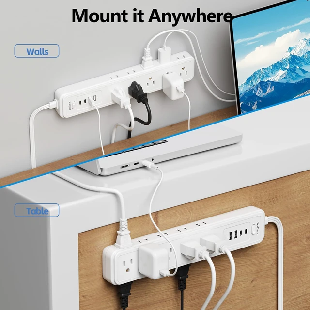 Alt view image 6 of 7 - Power Strip Surge Protector,15 Outlets 4 USB 2 USB-C,10Ft Flat Plug,White 15 AC Outlets,4 USB Ports 2 USB-C 2 USB-A,1080J Surge,Wall Mountable,10Ft Cord,16AWG,Overload Protection,3-Side Design