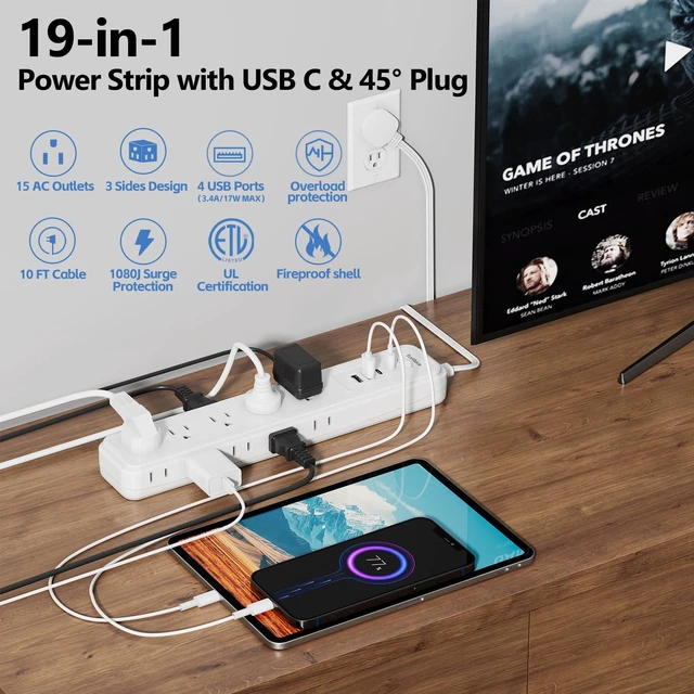 Alt view image 2 of 7 - Power Strip Surge Protector,15 Outlets 4 USB 2 USB-C,10Ft Flat Plug,White 15 AC Outlets,4 USB Ports 2 USB-C 2 USB-A,1080J Surge,Wall Mountable,10Ft Cord,16AWG,Overload Protection,3-Side Design