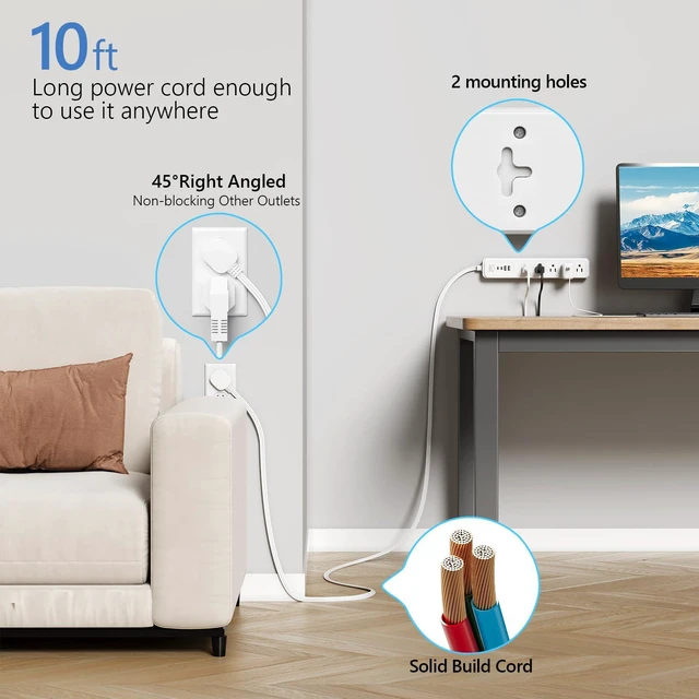 Alt view image 7 of 7 - Power Strip Surge Protector,15 Outlets 4 USB 2 USB-C,10Ft Flat Plug,White 15 AC Outlets,4 USB Ports 2 USB-C 2 USB-A,1080J Surge,Wall Mountable,10Ft Cord,16AWG,Overload Protection,3-Side Design