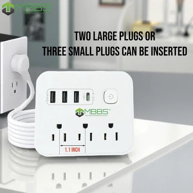 Alt view image 4 of 7 - Surge Protector Power Strip with USB C, Heavy Duty Extension Cord (7-in-1) 3 AC Outlets, 4 USB Ports, LED On/Off Switch Compact & Travel Friendly Home, Office. (5ft)