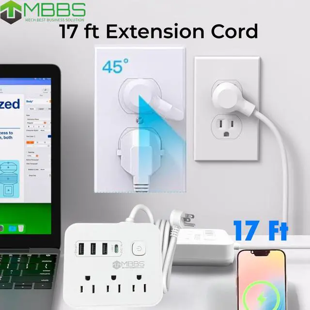 Alt view image 6 of 7 - 17 ft Surge Protector Power Strip with USB C, 1200J Protection, Heavy Duty Extension Cord (7-in-1) 3 AC Outlets, 4 USB Ports, LED On/Off Switch Compact & Travel Friendly Home, Office. (White)