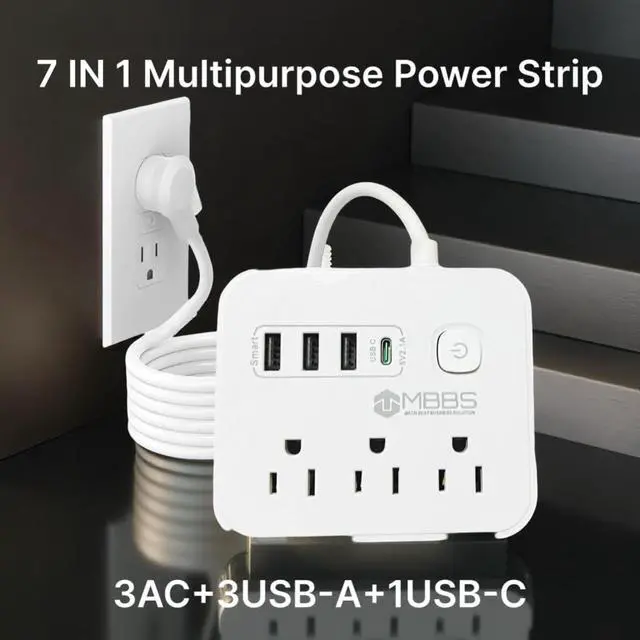 Alt view image 3 of 7 - 17 ft Surge Protector Power Strip with USB C, 1200J Protection, Heavy Duty Extension Cord (7-in-1) 3 AC Outlets, 4 USB Ports, LED On/Off Switch Compact & Travel Friendly Home, Office. (White)