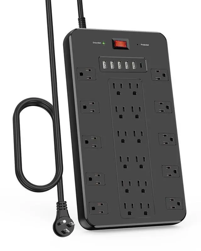Main image of Surge Protector Power Strip, FDTEK 22 AC Multiple Outlets with 6 USB (1 USB-C), 6.5Ft Extension Cord Flat Plug Outlet Extender Heavy Duty Power Strip for Home Office Dorm Gaming (2100J, 15A/1875W)