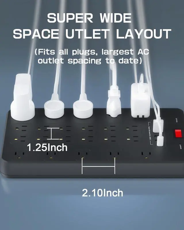 Alt view image 3 of 6 - Surge Protector Power Strip, FDTEK 22 AC Multiple Outlets with 6 USB (1 USB-C), 6.5Ft Extension Cord Flat Plug Outlet Extender Heavy Duty Power Strip for Home Office Dorm Gaming (2100J, 15A/1875W)