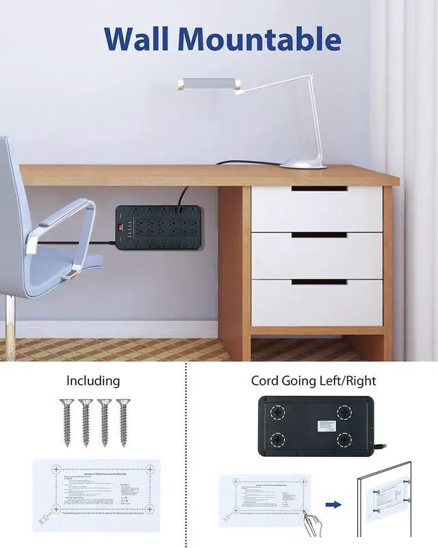 Alt view image 4 of 6 - Surge Protector Power Strip, FDTEK 22 AC Multiple Outlets with 6 USB (1 USB-C), 6.5Ft Extension Cord Flat Plug Outlet Extender Heavy Duty Power Strip for Home Office Dorm Gaming (2100J, 15A/1875W)