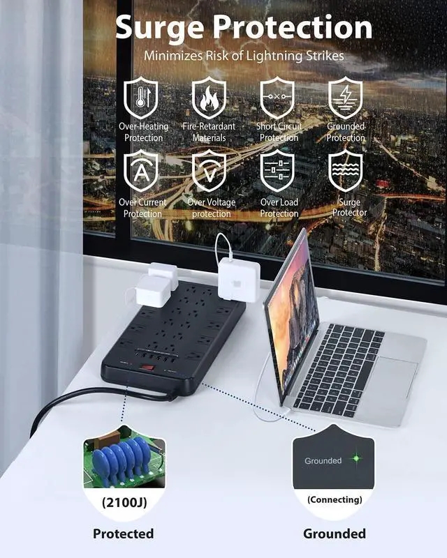 Alt view image 6 of 6 - Surge Protector Power Strip, FDTEK 22 AC Multiple Outlets with 6 USB (1 USB-C), 6.5Ft Extension Cord Flat Plug Outlet Extender Heavy Duty Power Strip for Home Office Dorm Gaming (2100J, 15A/1875W)