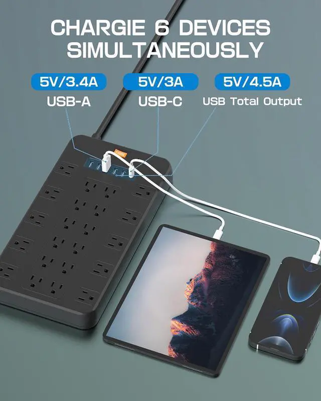 Alt view image 5 of 6 - Surge Protector Power Strip, FDTEK 22 AC Multiple Outlets with 6 USB (1 USB-C), 6.5Ft Extension Cord Flat Plug Outlet Extender Heavy Duty Power Strip for Home Office Dorm Gaming (2100J, 15A/1875W)