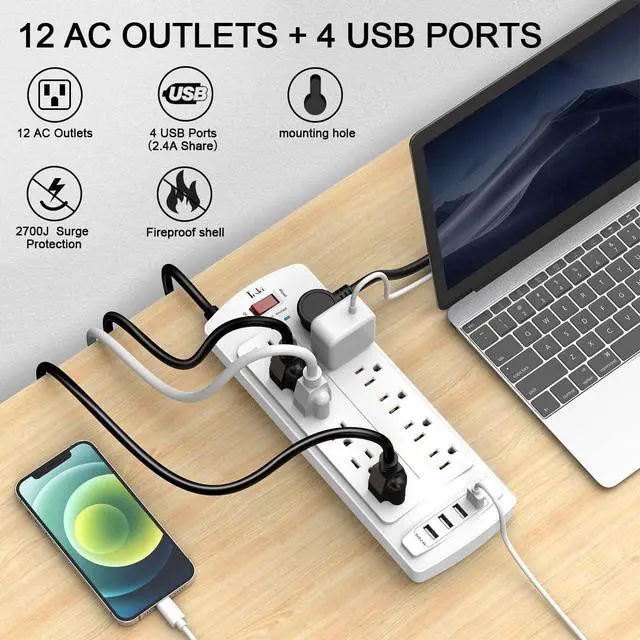 Alt view image 2 of 7 - Power Strip, Tcstei Surge Protector with 12 Outlets and 4 USB Ports, 10 Feet Extension Cord for Home, Office, Dorm Essentials, 2700 Joules, White