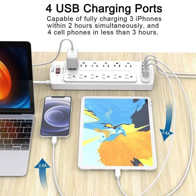 Alt view image 3 of 7 - Power Strip, Tcstei Surge Protector with 12 Outlets and 4 USB Ports, 10 Feet Extension Cord for Home, Office, Dorm Essentials, 2700 Joules, White