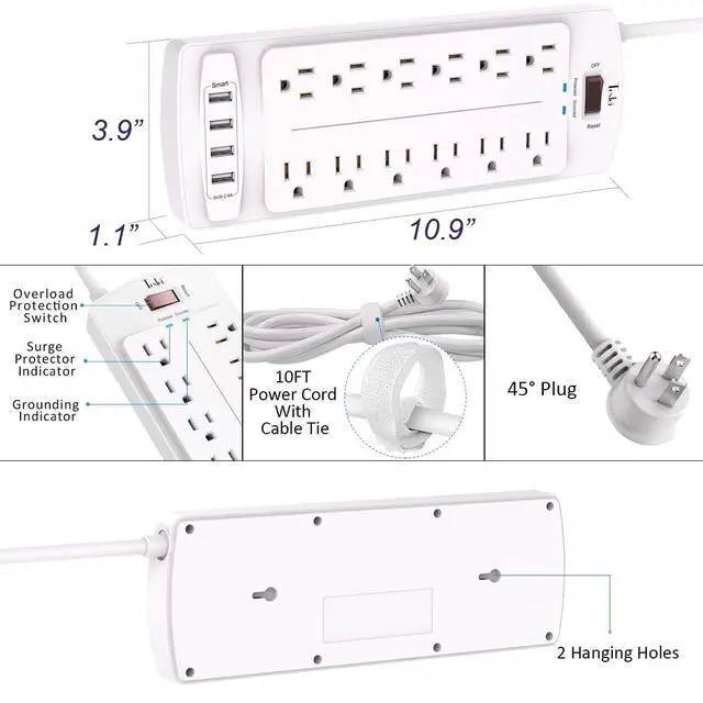 Alt view image 7 of 7 - Power Strip, Tcstei Surge Protector with 12 Outlets and 4 USB Ports, 10 Feet Extension Cord for Home, Office, Dorm Essentials, 2700 Joules, White