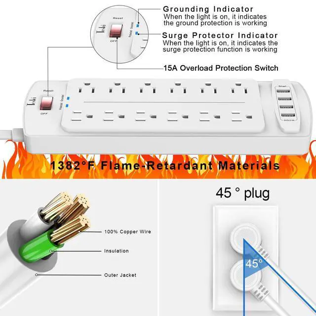 Alt view image 6 of 7 - Power Strip, Tcstei Surge Protector with 12 Outlets and 4 USB Ports, 10 Feet Extension Cord for Home, Office, Dorm Essentials, 2700 Joules, White