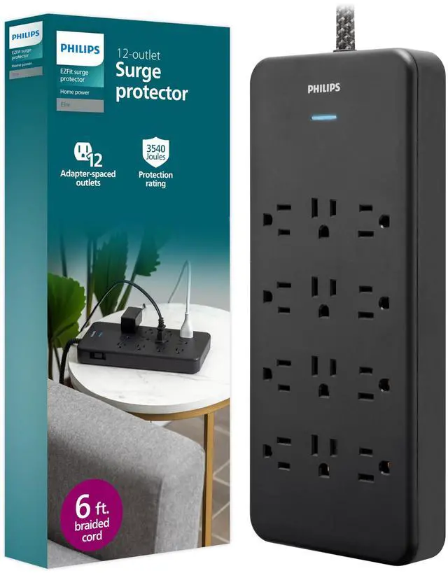 Main image of 12-Outlet Surge Protector Power Strip, 6 Ft Braided Extension Cord | Wide Spaced Outlet Extender, 3500 Joules, Flat Plug, Wall Mount, ETL Safety Listed, Black, SPP3813B/37
