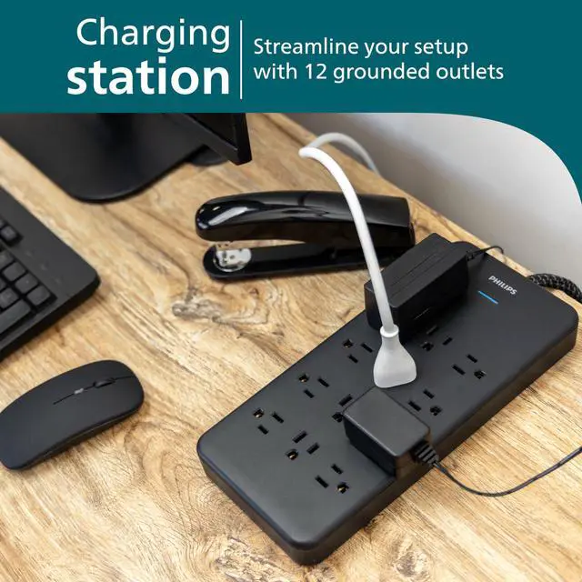 Alt view image 4 of 7 - 12-Outlet Surge Protector Power Strip, 6 Ft Braided Extension Cord | Wide Spaced Outlet Extender, 3500 Joules, Flat Plug, Wall Mount, ETL Safety Listed, Black, SPP3813B/37