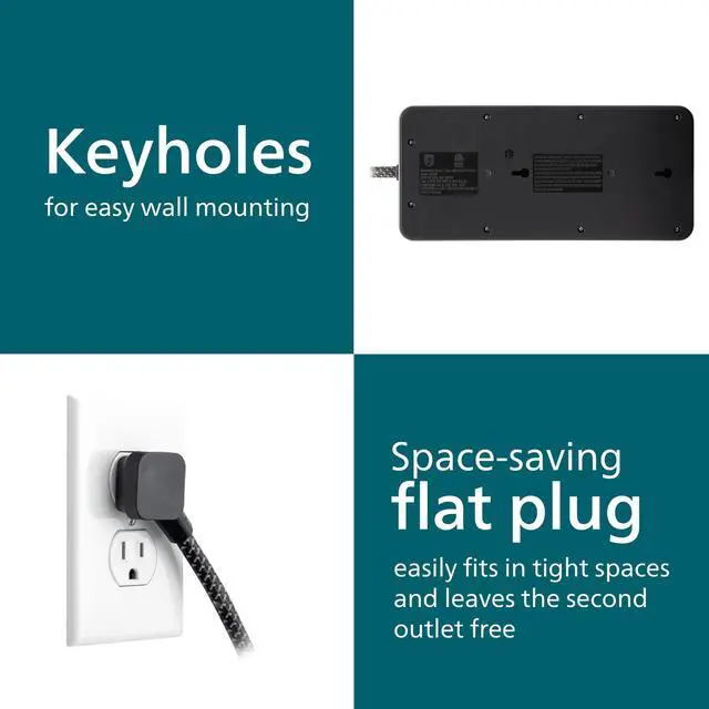 Alt view image 5 of 7 - 12-Outlet Surge Protector Power Strip, 6 Ft Braided Extension Cord | Wide Spaced Outlet Extender, 3500 Joules, Flat Plug, Wall Mount, ETL Safety Listed, Black, SPP3813B/37